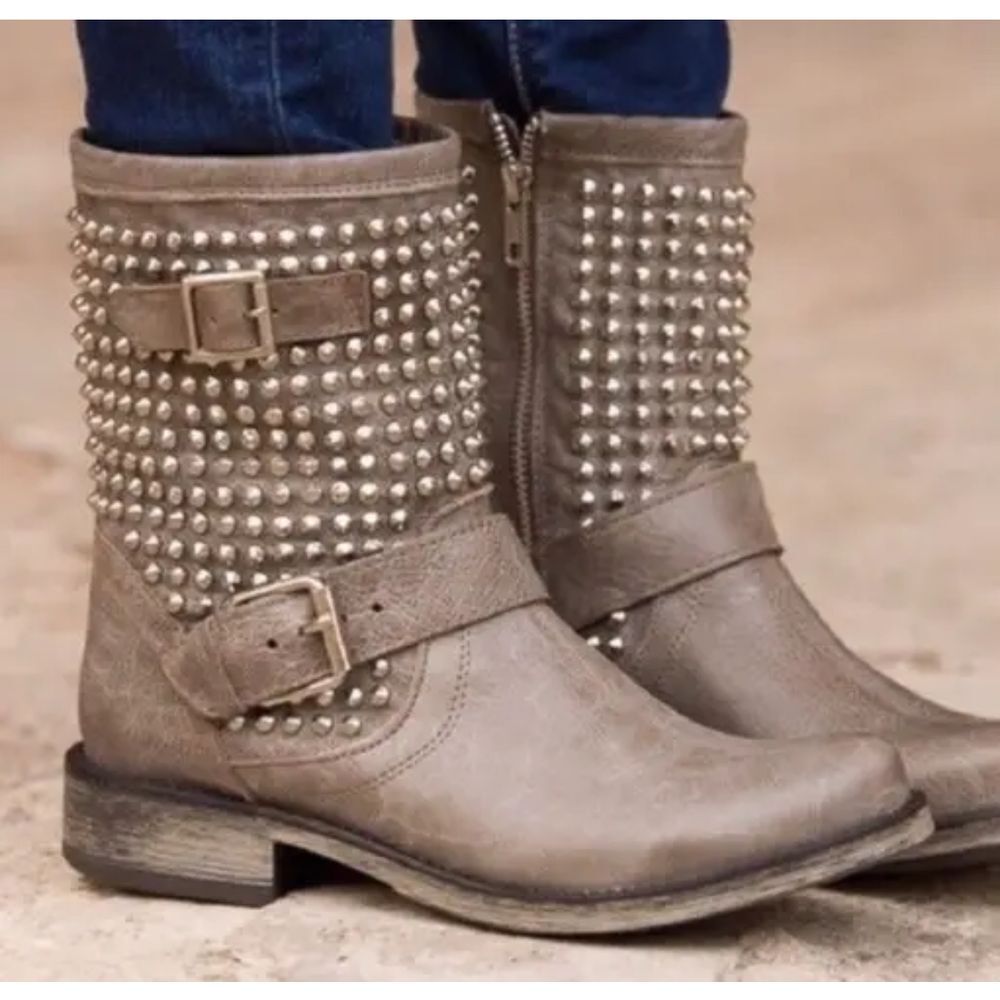 Steve Madden Monica Taupe Leather Studded Buckle Mid Calf Moto Boot Size| 9